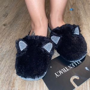 Ellen Tracy Silver/Black/Faux Fur Kitty Slippers